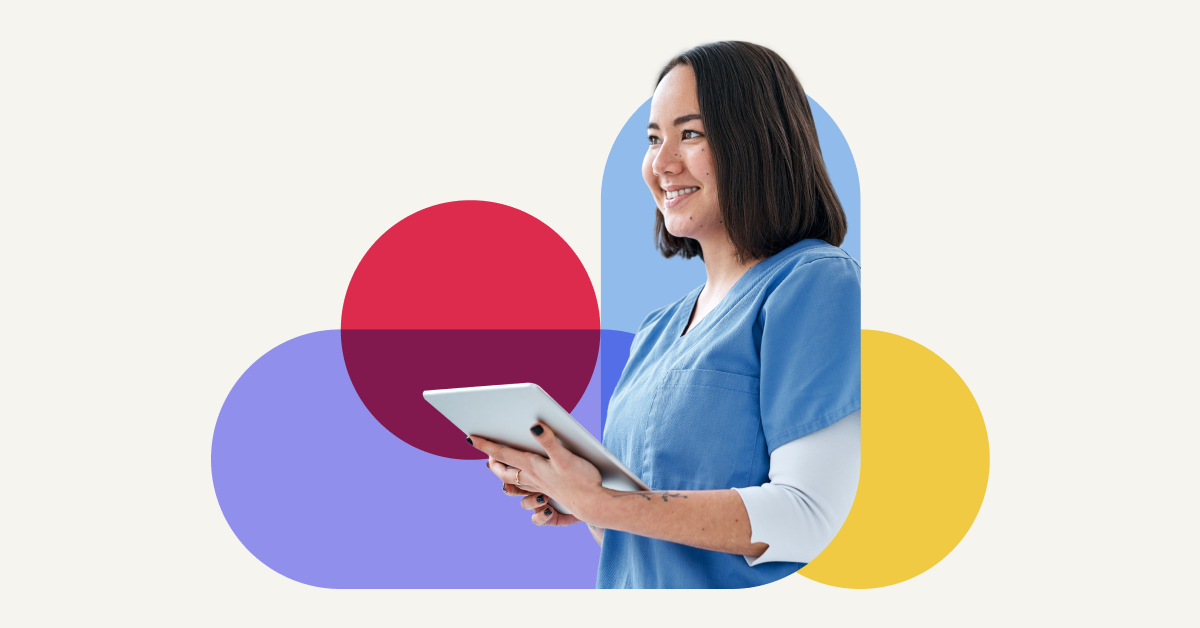 Collage of abstract shapes and a young woman healthcare professional smiling while holding a tablet device